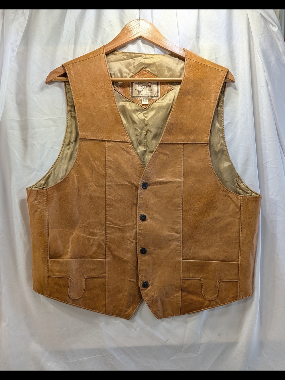 Cevy's 1980's VGT Men's Tan Leather Snap Front Vest Size 50